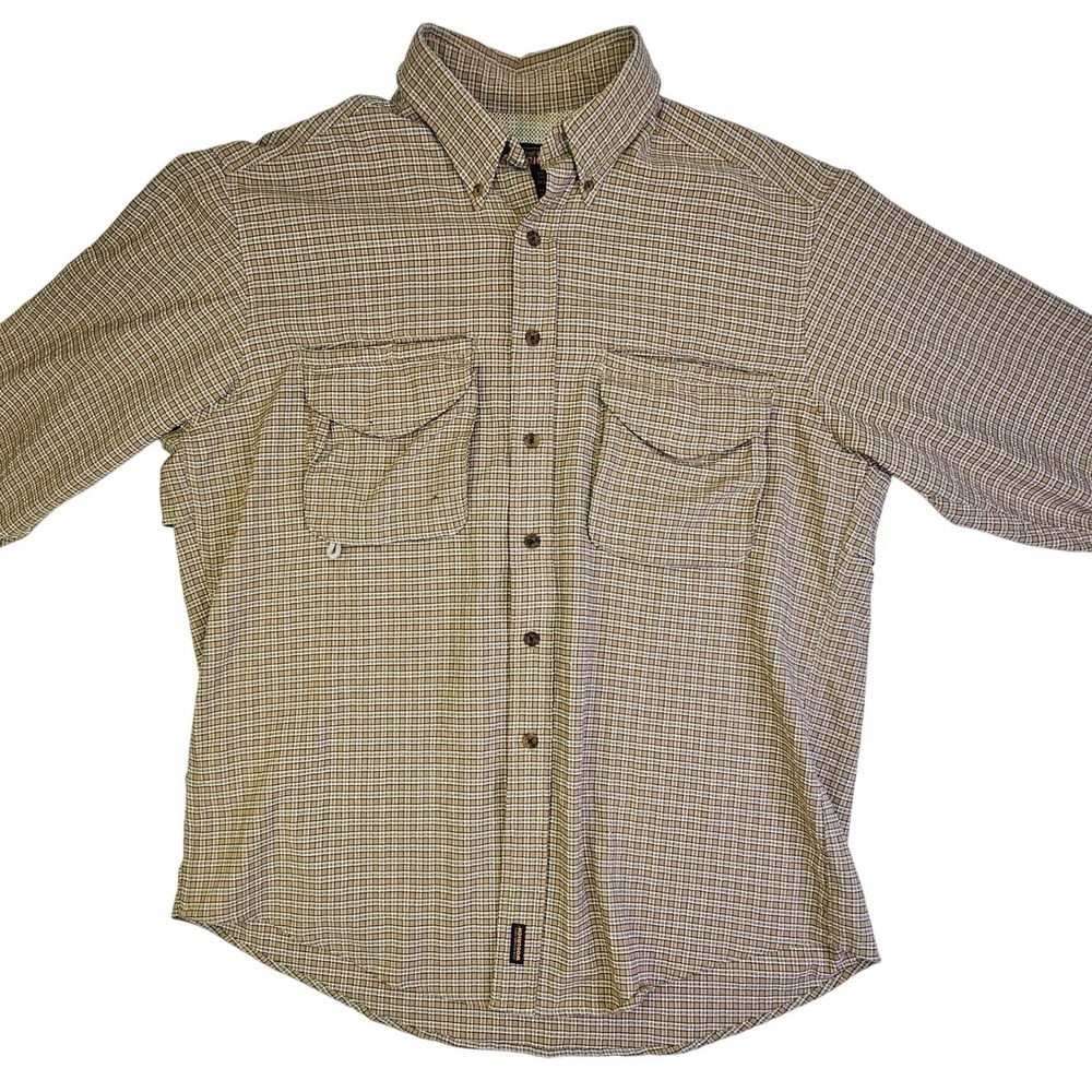 Woolrich Mens Tan Plaid‎ Ventilated Fishing Shirt Long Sleeve L PW59463 USA Made